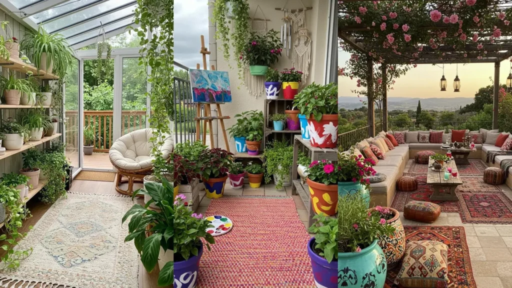 Compositions bohèmes avec pots peints, tapis tissé et plantes retombantes pour un intérieur végétal.