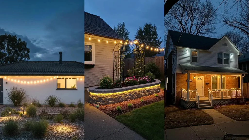 Trois petites maisons illuminées la nuit avec des guirlandes lumineuses et des projecteurs LED pour la façade et le jardin.