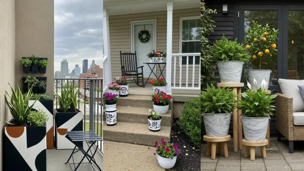 Divers pots de plantes recyclés, peints et marbrés, ornent des balcons et terrasses pour une décoration stylée.