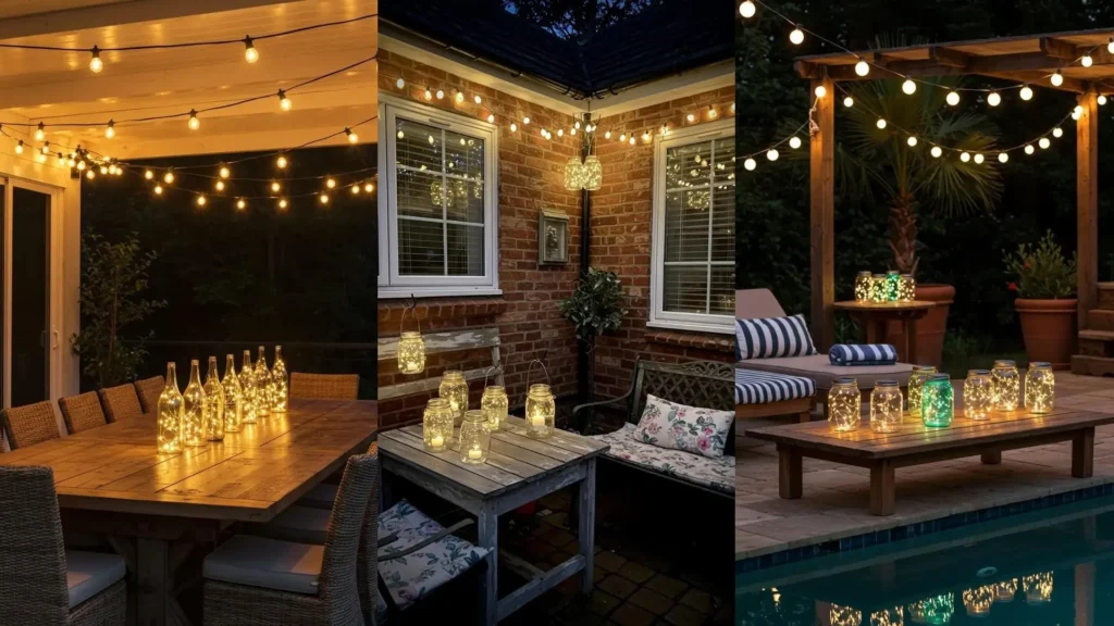 Guirlandes lumineuses et bocaux DIY éclairant une terrasse pour une ambiance cosy en soirée.