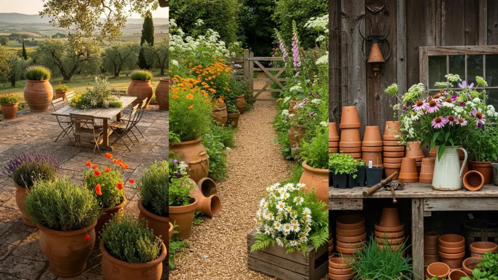 Scènes champêtres : pots en terre cuite variés et bouquets de fleurs sauvages pour une déco jardin naturelle.