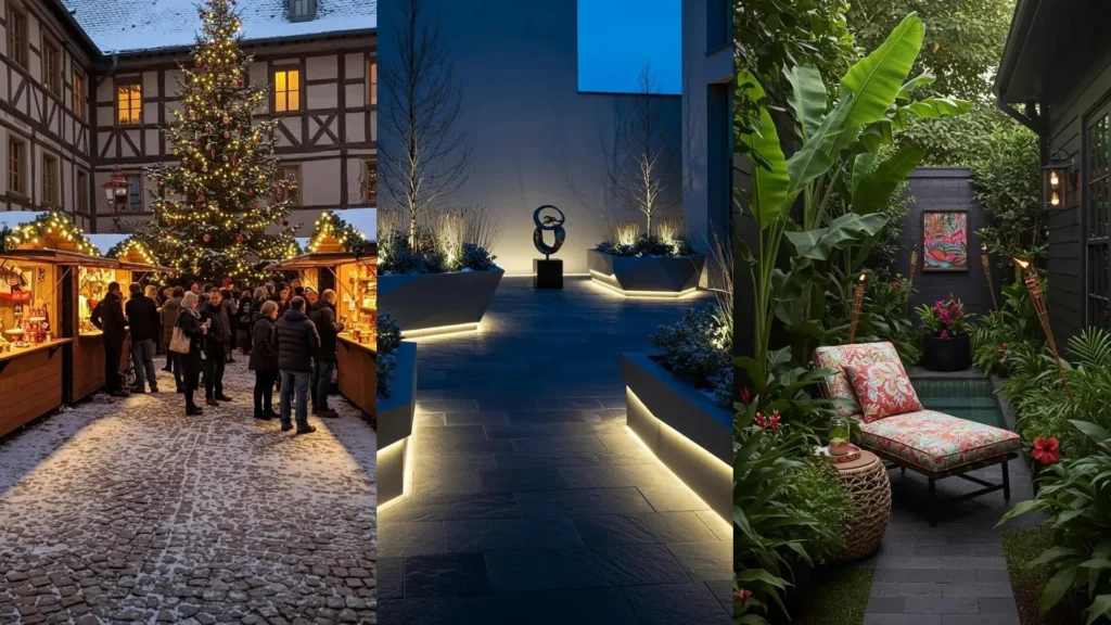 Inspirations de cours extérieures: décoration hivernale festive, ambiance moderne nocturne, et oasis tropicale luxuriante.