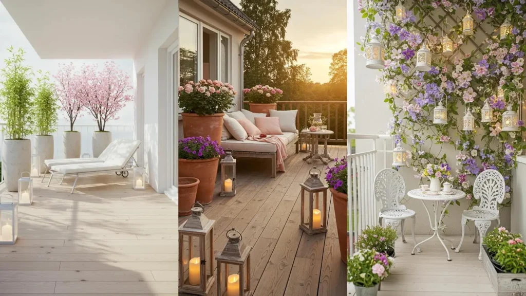 Trois balcons printaniers avec fleurs pastel, lanternes décoratives et sols en bois clairs pour une ambiance extérieure douce.