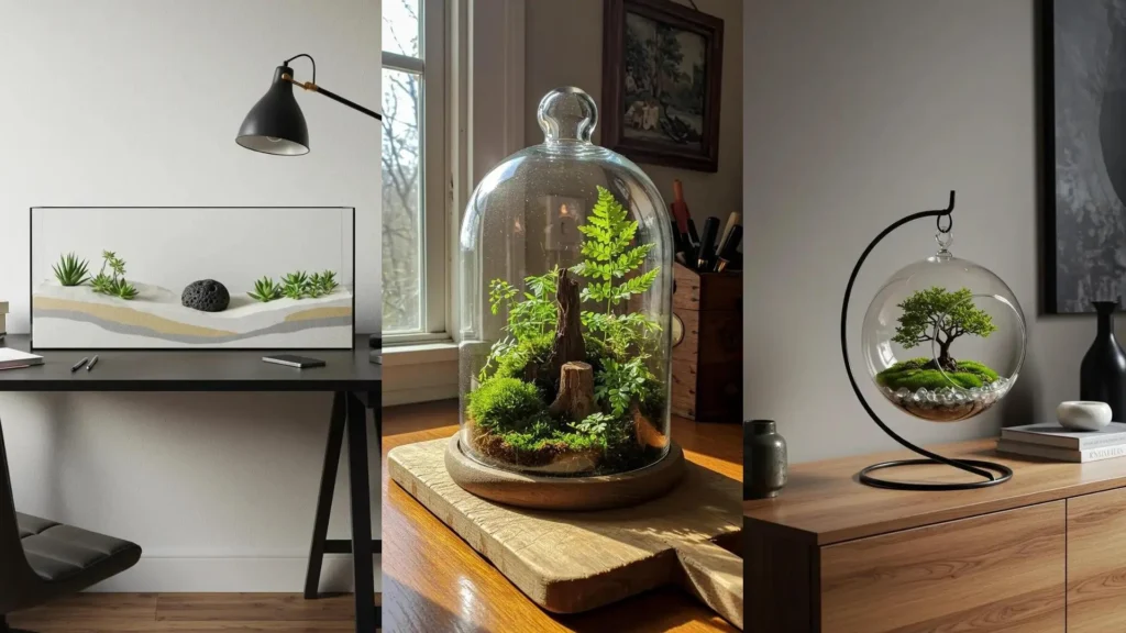 Mises en scène de terrariums déco : bocaux transparents, mousse luxuriante et arbres miniatures pour une ambiance zen.