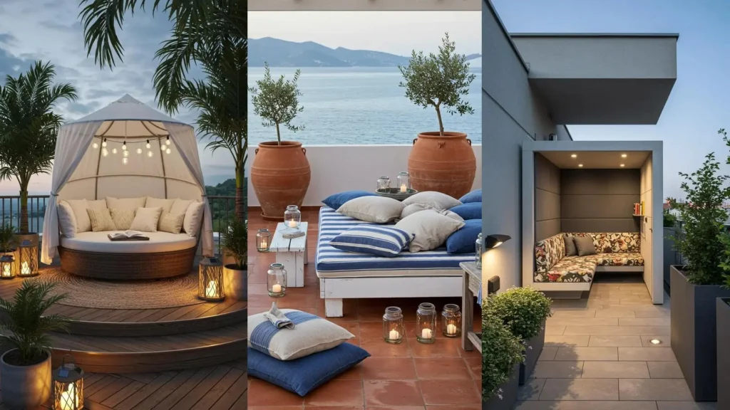 Terrasse cosy aménagée pour la lecture avec canapé rond, coussins, guirlande lumineuse et lanternes solaires.