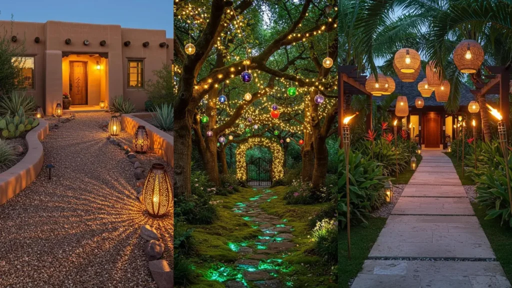 Plusieurs chemins lumineux et allées d'entrée décorées de lampions créant une ambiance accueillante le soir.