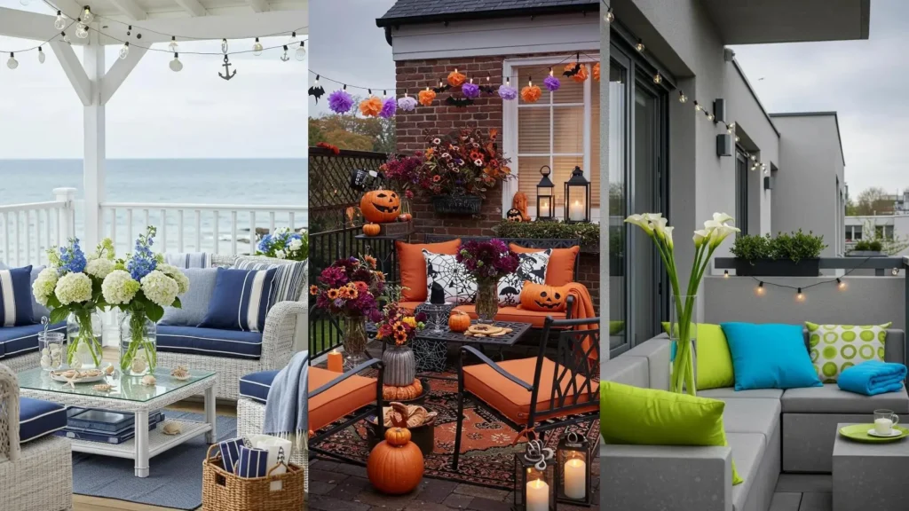 Trois terrasses décorées avec bouquets frais, coussins vifs et guirlandes festives pour différentes saisons.