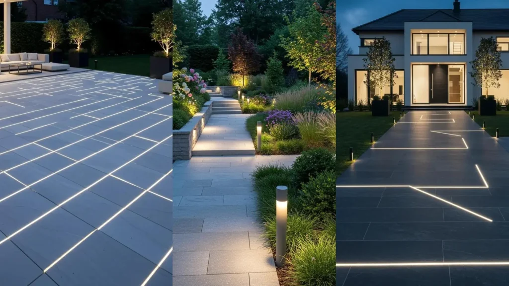 Chemins lumineux LED intégrés : designs modernes et chics pour un jardin sécurisé et accueillant la nuit.