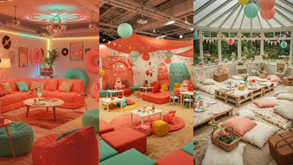Idées déco printemps-été corail, menthe, sable: salon lounge, espace jeu coloré et véranda esprit pique-nique.