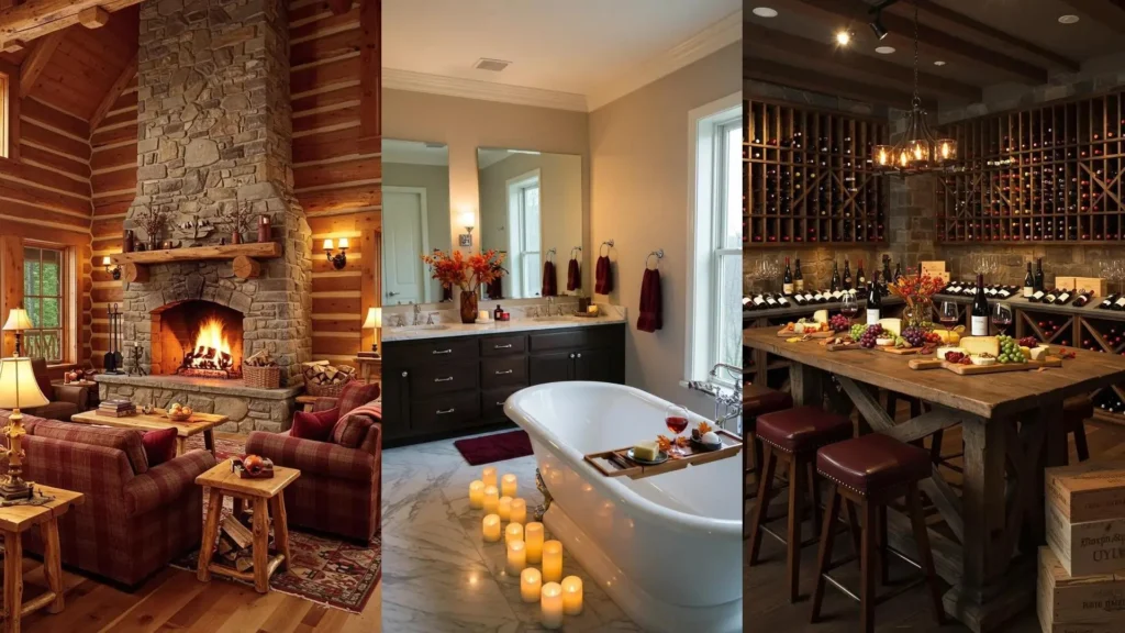 Intérieurs chaleureux d'automne: cheminée en pierre, salle de bain ambrée et cave à vin en bois bordeaux.