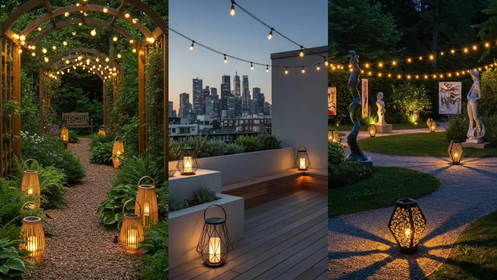 Guirlandes lumineuses et lanternes solaires pour un paradis nocturne : jardin, terrasse et allée élégamment éclairés.