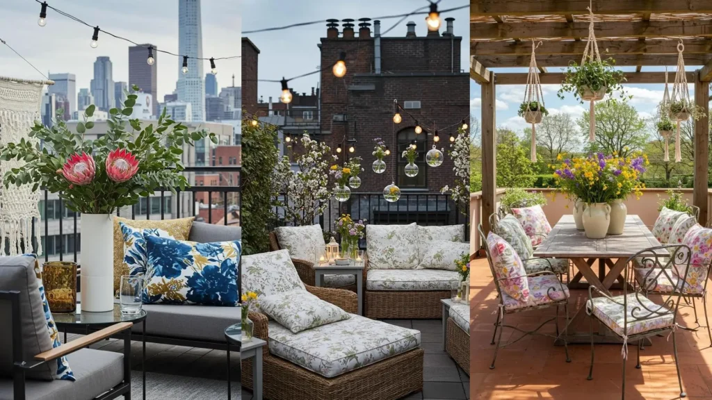 Trois terrasses de printemps décorées avec bouquets champêtres, coussins floraux et suspensions bohèmes.
