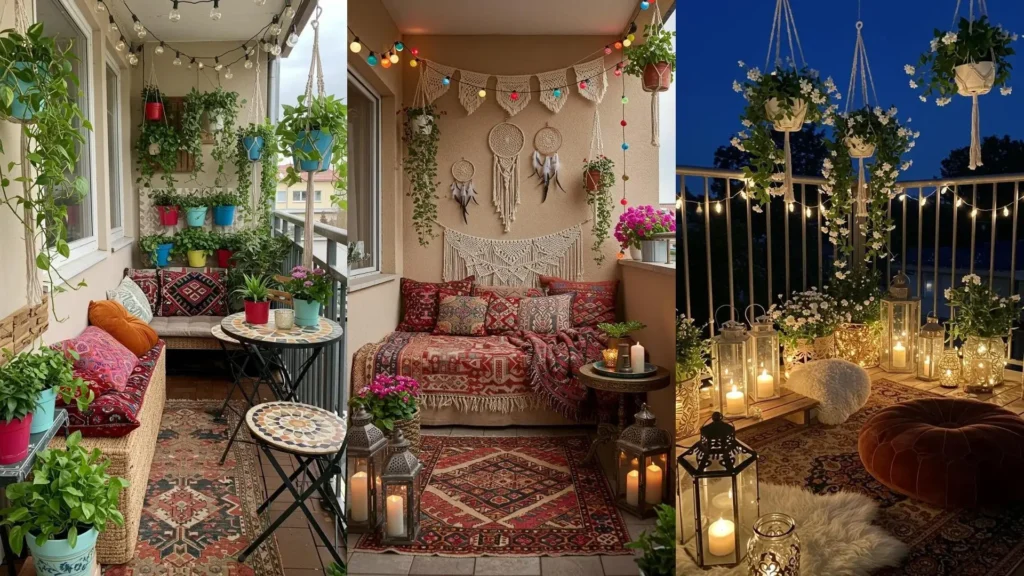 Balcons bohèmes chic avec macramés, tapis vintage, plantes retombantes et lumières féériques.
