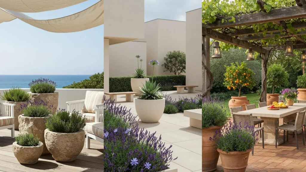 Jardinières design en pierre avec lavande parfumée créant de belles scènes méditerranéennes pour votre jardin.