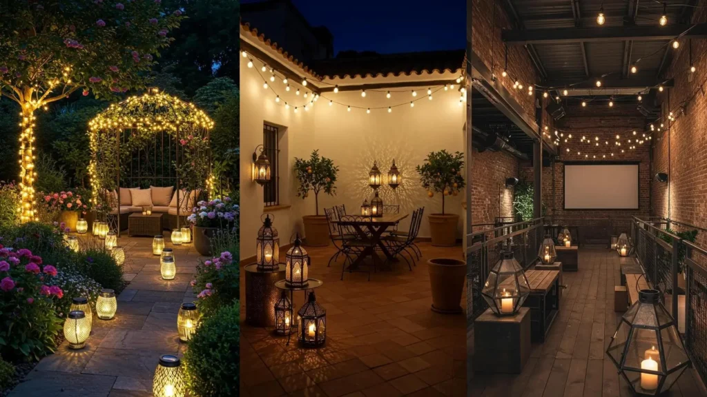 Terrasse éclairée de nuit avec guirlandes lumineuses, lampions et lanternes pour une ambiance festive extérieure.
