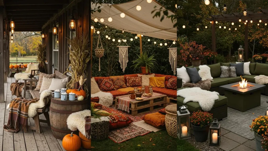 Ambiance cocooning avec peaux de mouton moelleuses, tasses et éclairage doré sur une terrasse automnale.