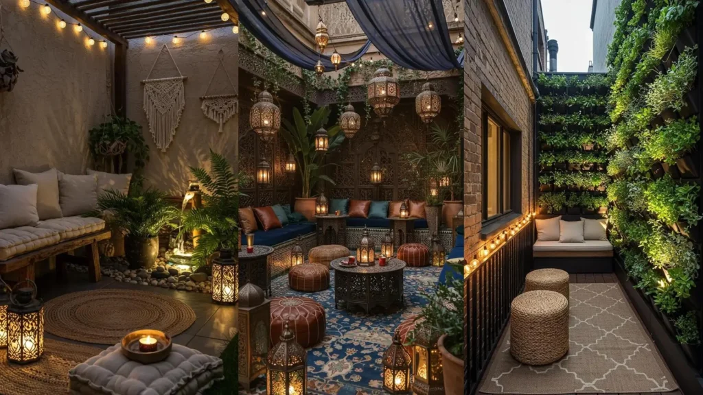 Terrasse bohème chic avec tapis d'extérieur, suspensions lumineuses et coin lecture cosy. Des idées déco inspirantes.