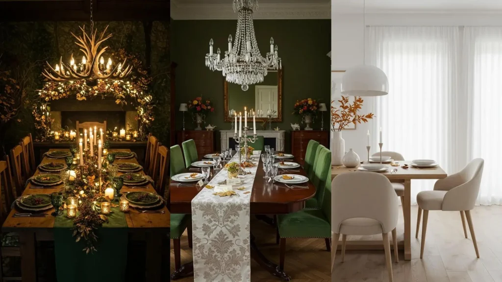 Inspirations de tables automnales avec bougies, feuilles dorées et vaisselle texturée pour un dîner élégant.