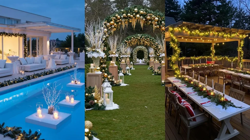 Décorations de terrasse de fête avec guirlandes de sapin lumineuses, centres de table enneigés et bougies pour une ambiance hivernale.