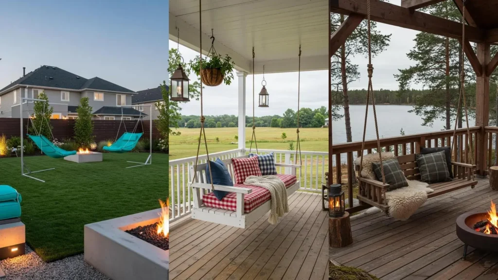 Trois salons de jardin suspendus (chaises, balancelle, banc) pour un effet flottant et aérien dans divers extérieurs.