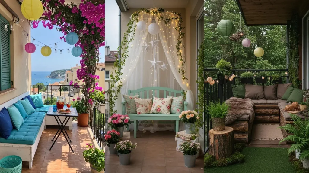 Trois balcons aménagés pour l'apéro avec banquettes DIY confortables et lampions colorés. Idées déco inspirantes.