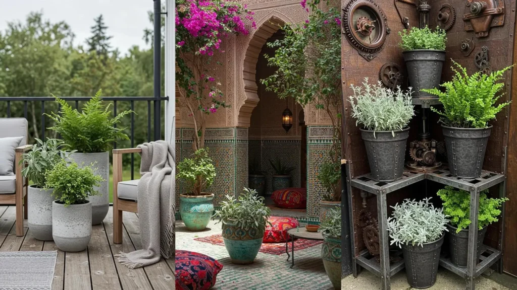 Sauge et plantes variées dans des pots décoratifs vintage, certains craquelés, pour une ambiance jardin.