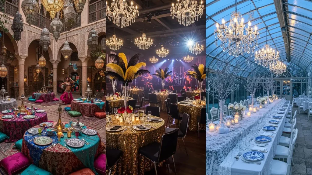 Table élégante rétro-chic avec vaisselle vintage, nappe en dentelle et chandeliers argentés sous une verrière lumineuse.