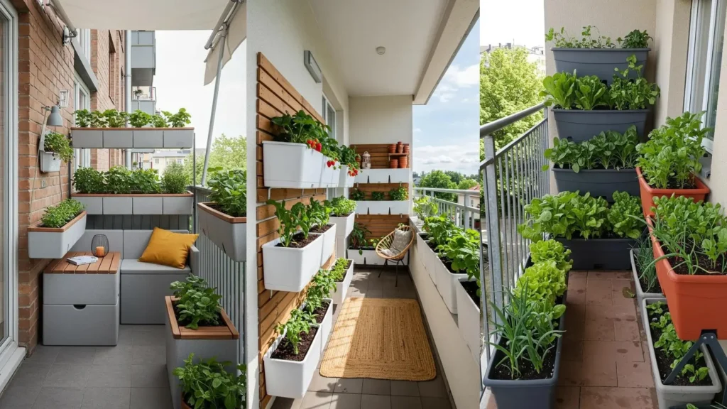 Plusieurs balcons étroits avec des jardinières modulaires design, parfaits pour un potager urbain et une jolie déco.