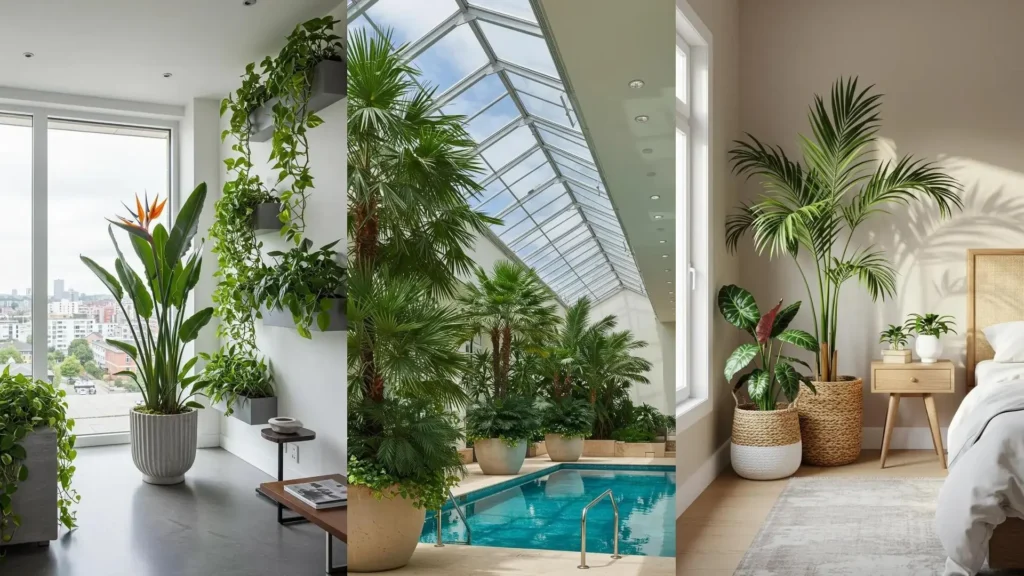 Scènes tropicales intérieures avec grands pots décoratifs et palmiers XXL pour une décoration luxuriante.