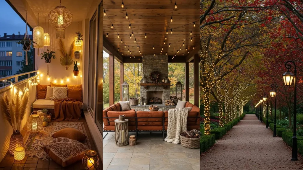 Ambiance automnale chaleureuse avec guirlandes LED et lanternes sur un balcon, une terrasse et un chemin illuminé.