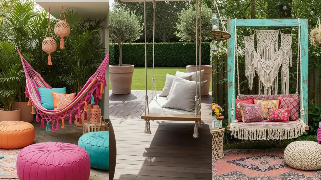Trois balançoires de jardin bohèmes avec macramé, hamac coloré et coussins douillets pour une ambiance relaxante.