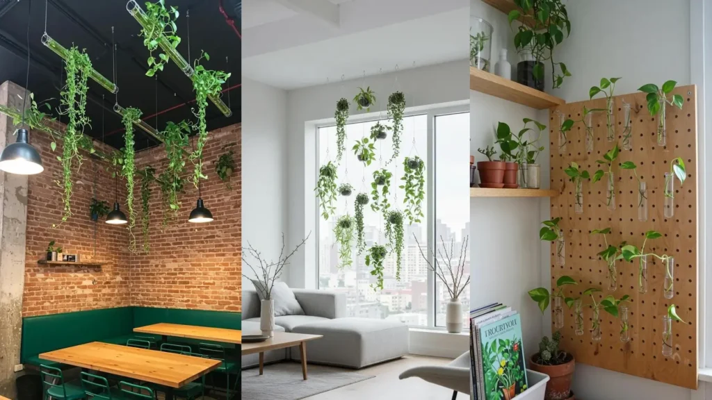 Compositions de plantes en pots suspendus en verre pour un intérieur jungle urbaine aérienne.