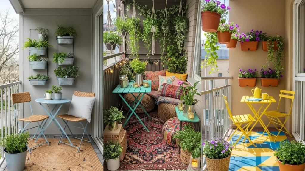 Décorations printanières de balcons avec jardinières suspendues, tables pliantes colorées et tapis d'extérieur.