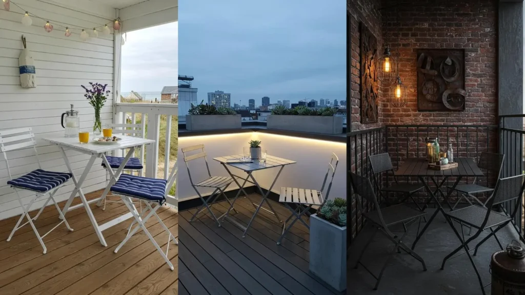 Plusieurs ensembles repas pliants pour petits patios et balcons étroits, illustrant différentes ambiances.