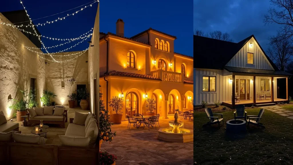 Trois scènes d'éclairage extérieur transformant des façades en tableaux lumineux pour une ambiance nocturne.