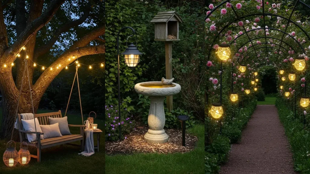 Diverses lanternes solaires illuminent un jardin éco-friendly avec chemin fleuri et coin détente.