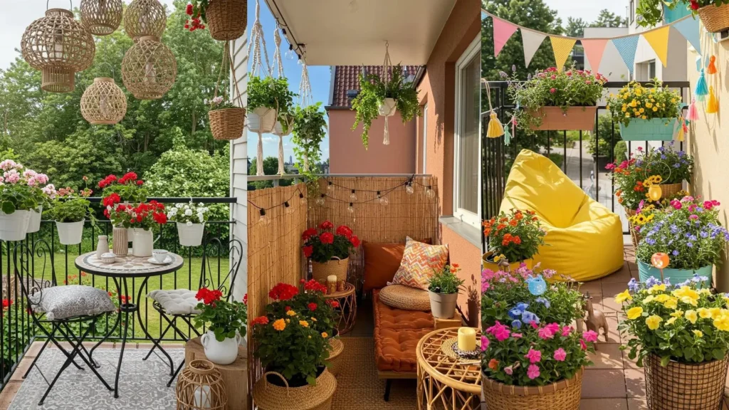 Trois balcons d'été cosy : suspensions bohèmes, paniers tressés et fleurs éclatantes pour une décoration inspirante.