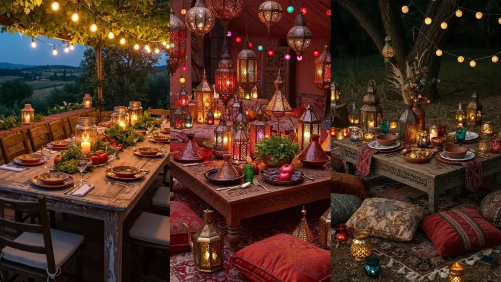 Dîners festifs en plein air et intérieurs, tables décorées de lumières tamisées, bougies et lanternes orientales.