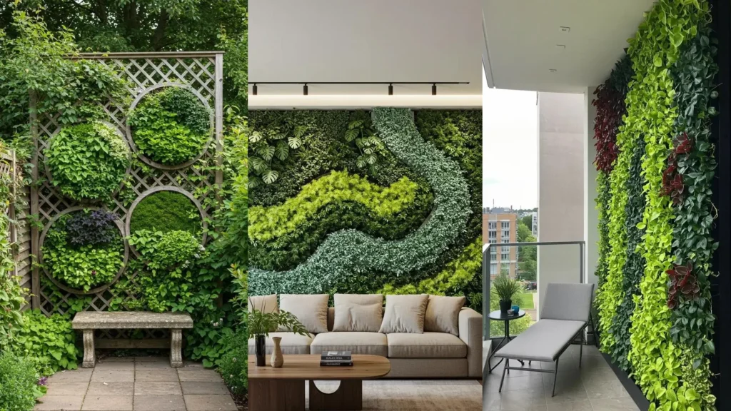 Murs végétaux artistiques avec formes organiques et feuillages contrastés, pour une décoration naturelle.