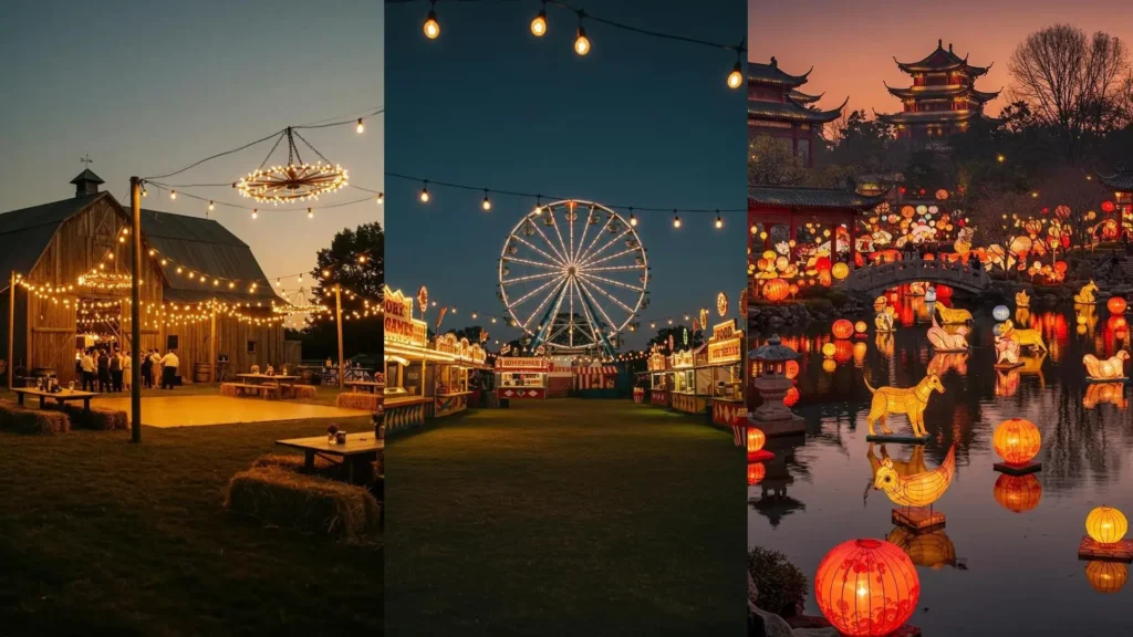 Trois scènes de nuit féeriques : fête à la ferme, foire animée, et jardin de lanternes. Idées pour marchés et fêtes.