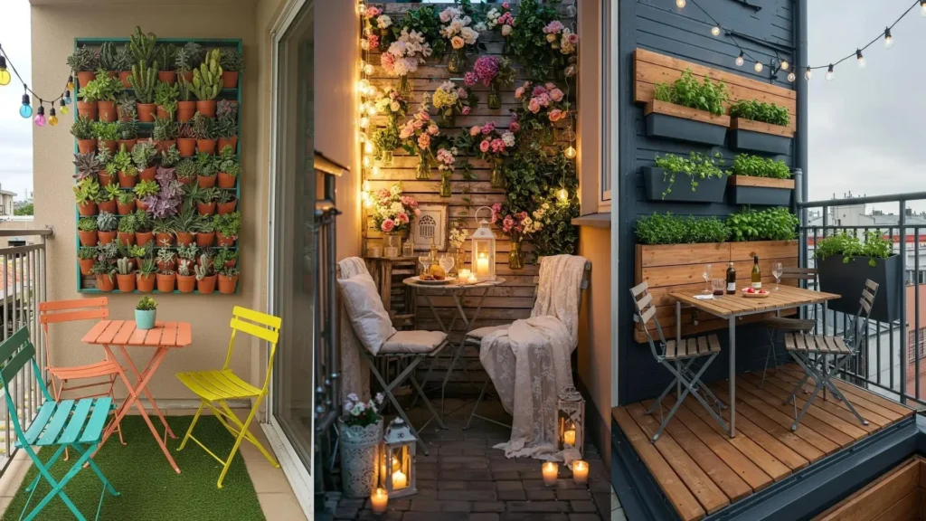 Petit balcon aménagé avec meubles pliants colorés, plantes vertes et jardin vertical pour maximiser l'espace.