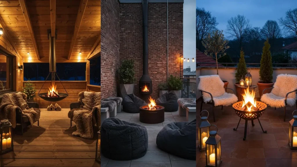 Ambiance cosy de coins lounge hivernaux avec braseros, fauteuils moelleux et plaids en fausse fourrure pour l'extérieur.