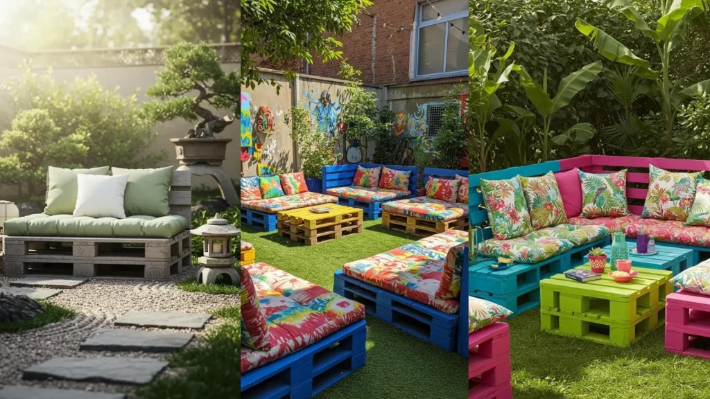 Ensembles de salon bas DIY en palettes bois et coussins colorés pour décorer votre extérieur.