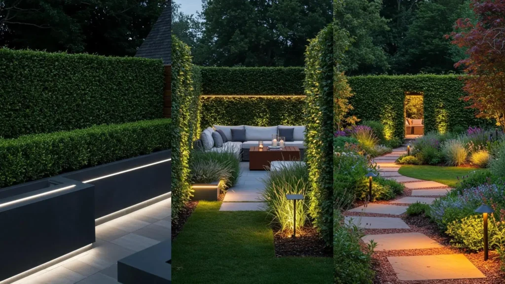 Lumières LED modernes intégrées aux massifs, haies et allées sinueuses d'un jardin élégant la nuit.