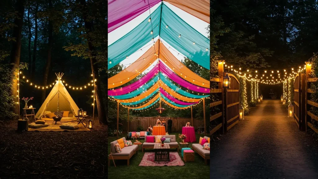 Trois idées de décors festifs extérieurs pour l'été avec guirlandes lumineuses : tipi, réception colorée et allée enchantée.