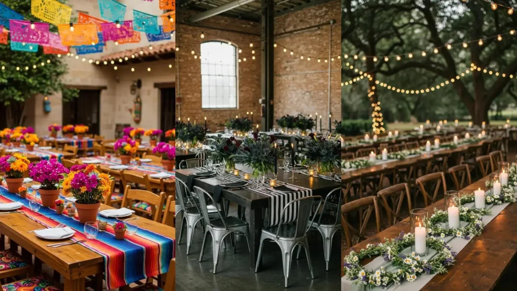 Couronnes de fleurs DIY, bougies et lumières pour décorer les centres de tables de mariage.