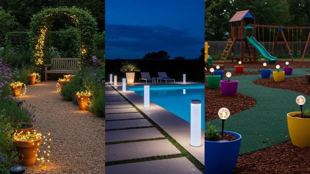 Chemin de jardin éclairé par des pots en terre cuite avec guirlandes lumineuses LED solaires DIY, créant une ambiance féérique.