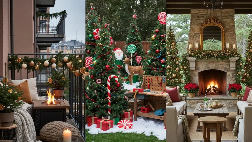 Inspirations pour jardin de Noël avec sapins décorés, boules, lumières et cheminée. Ambiance festive extérieure.