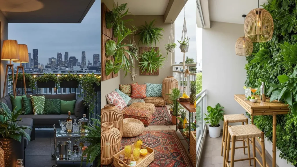 Trois balcons tropicaux avec fougères luxuriantes, luminaires en bambou et cocktails rafraîchissants pour une ambiance exotique.