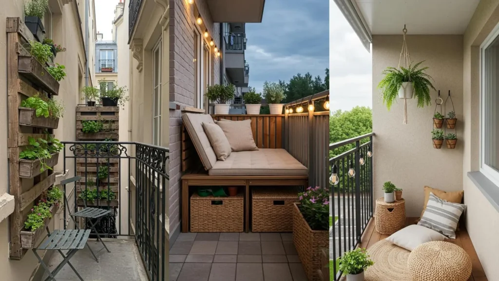 Aménagements astucieux pour petits balcons : rangements malins avec boîtes, étagères, jardinières étroites et coin détente.